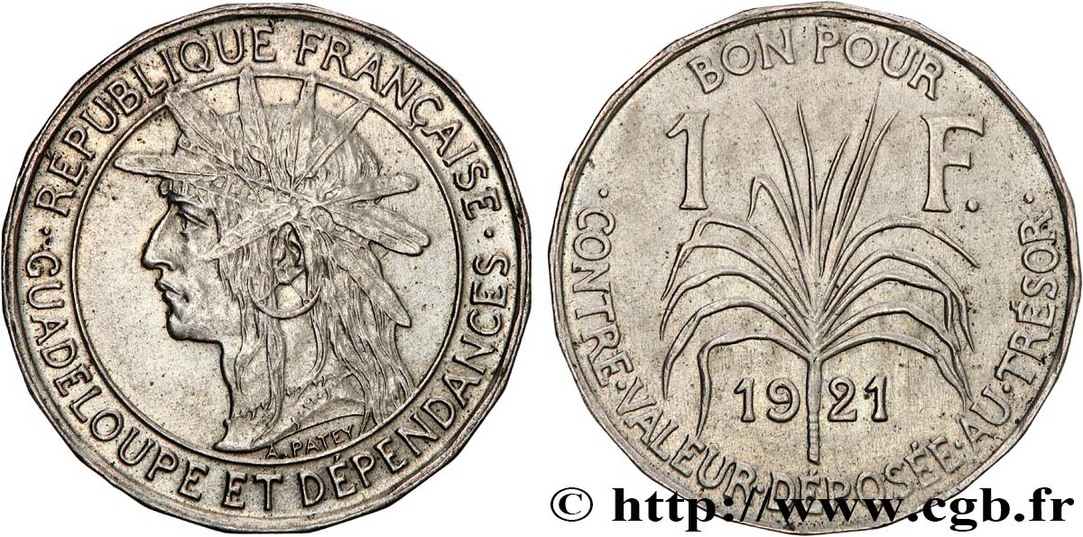 GUADALUPE Bon pour 1 Franc indien caraïbe / canne à sucre 1921  MBC+ 