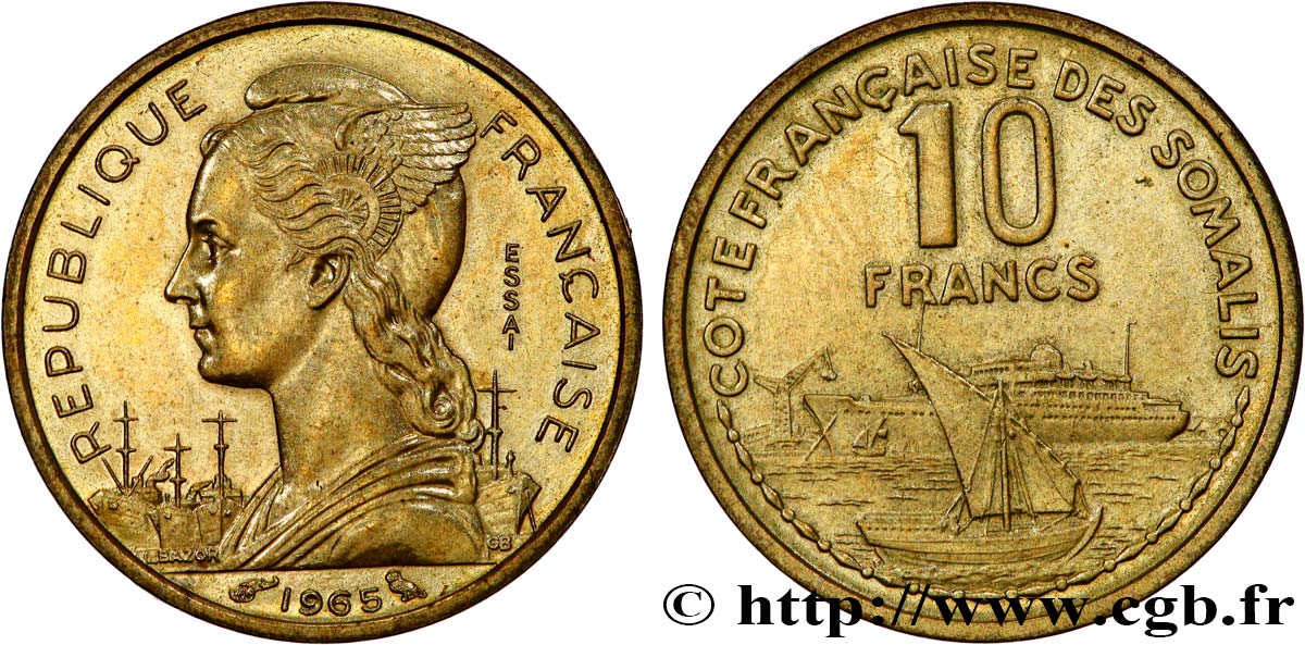 CÔTE FRANÇAISE DES SOMALIS Essai de 10 Francs 1965 Paris SUP 