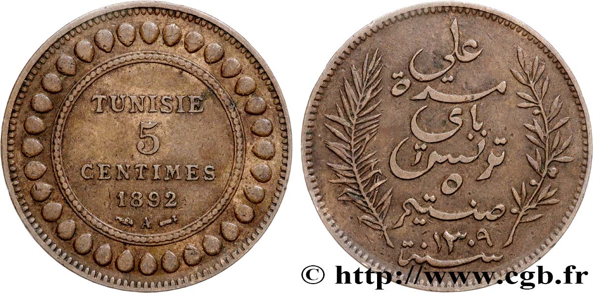 TUNISIE - PROTECTORAT FRANÇAIS 5 Centimes AH1309 1892 Paris TTB+ 