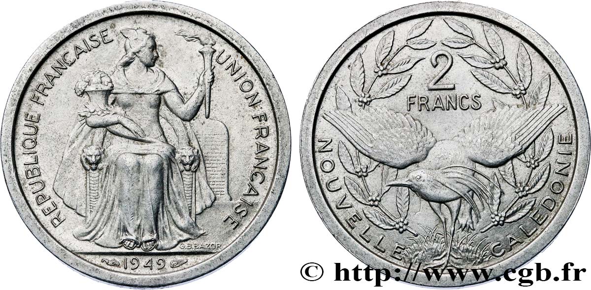 NUOVA CALEDONIA 2 Francs Union Française 1949 Paris BB 
