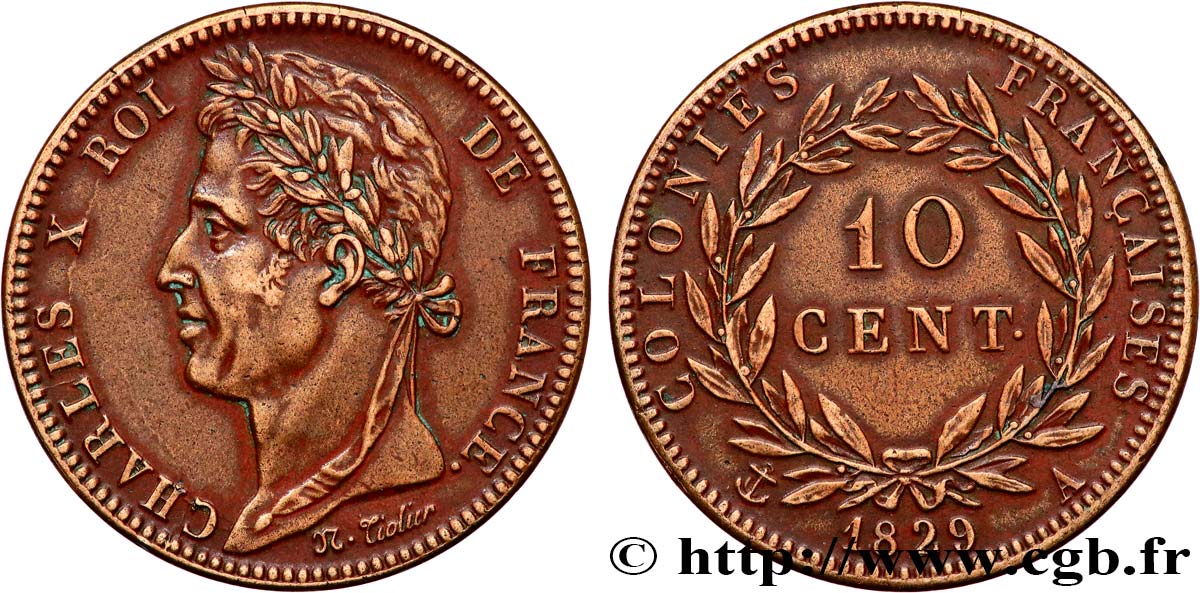 COLONIAS FRANCESAS - Charles X, para Guayana 10 Centimes Charles X 1829 Paris - A MBC 