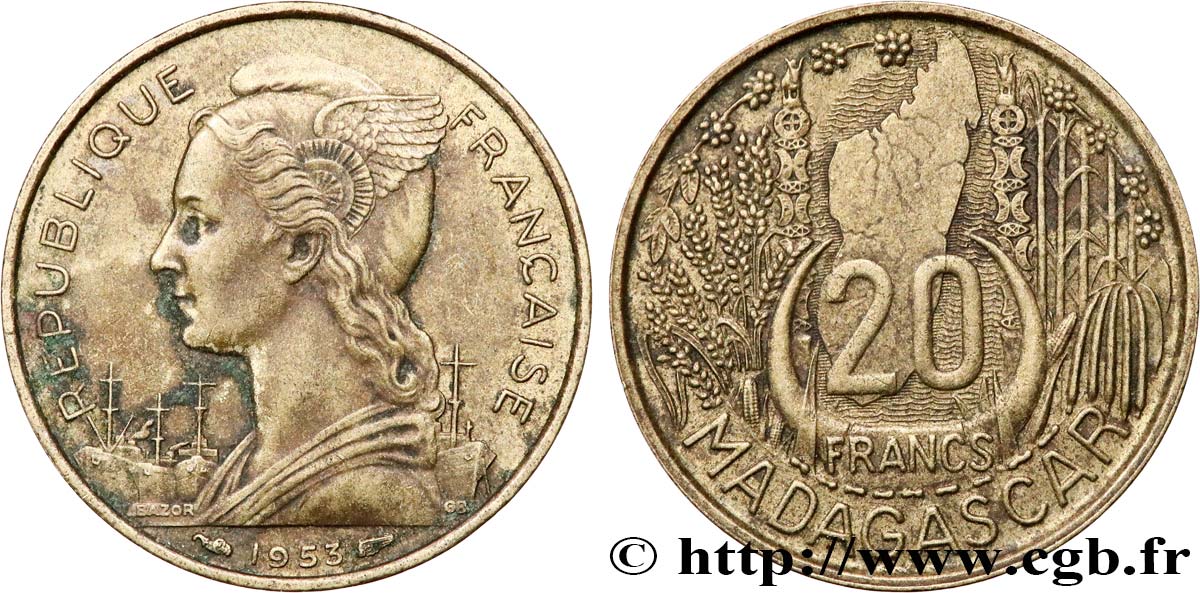 MADAGASCAR - UNIóN FRANCESA 20 Francs 1953 Paris MBC 
