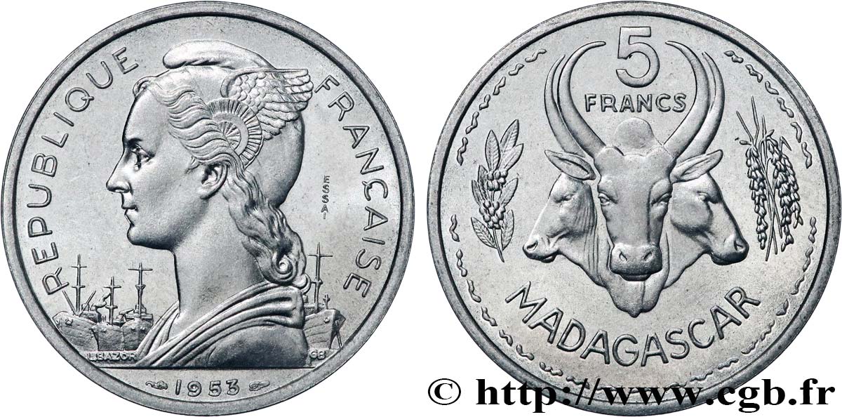 MADAGASCAR French Union Essai de 5 Francs 1953 Paris MS 