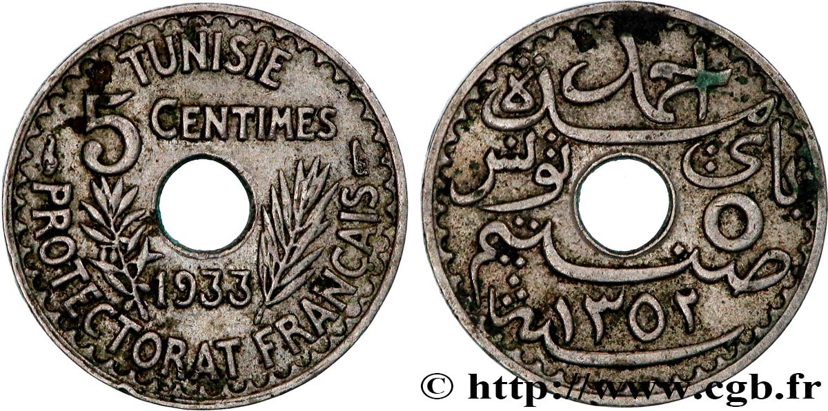 TUNISIA - French protectorate 5 Centimes 1933 Paris XF 