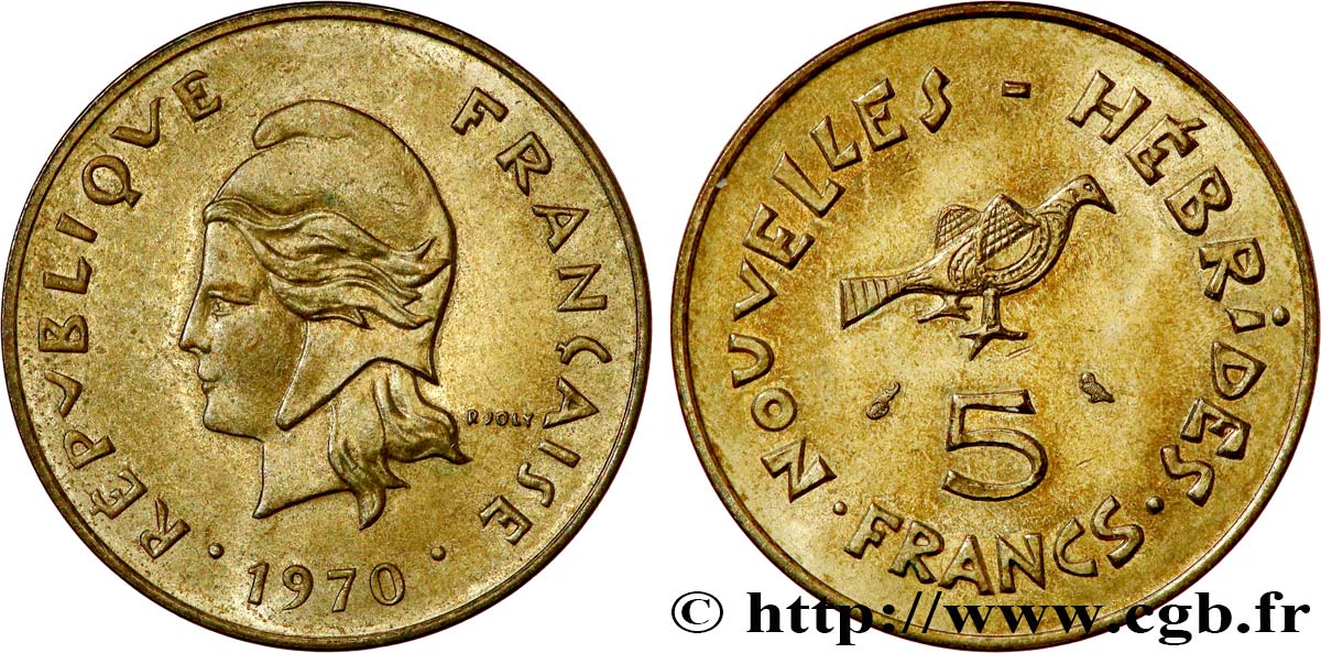 NOUVELLES HÉBRIDES (VANUATU depuis 1980) 5 Francs Marianne / oiseau 1970 Paris SUP 