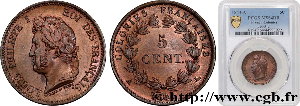 FRENCH COLONIES - Louis-Philippe, for Marquesas Islands 5 Centimes 1844 Paris MS64 PCGS