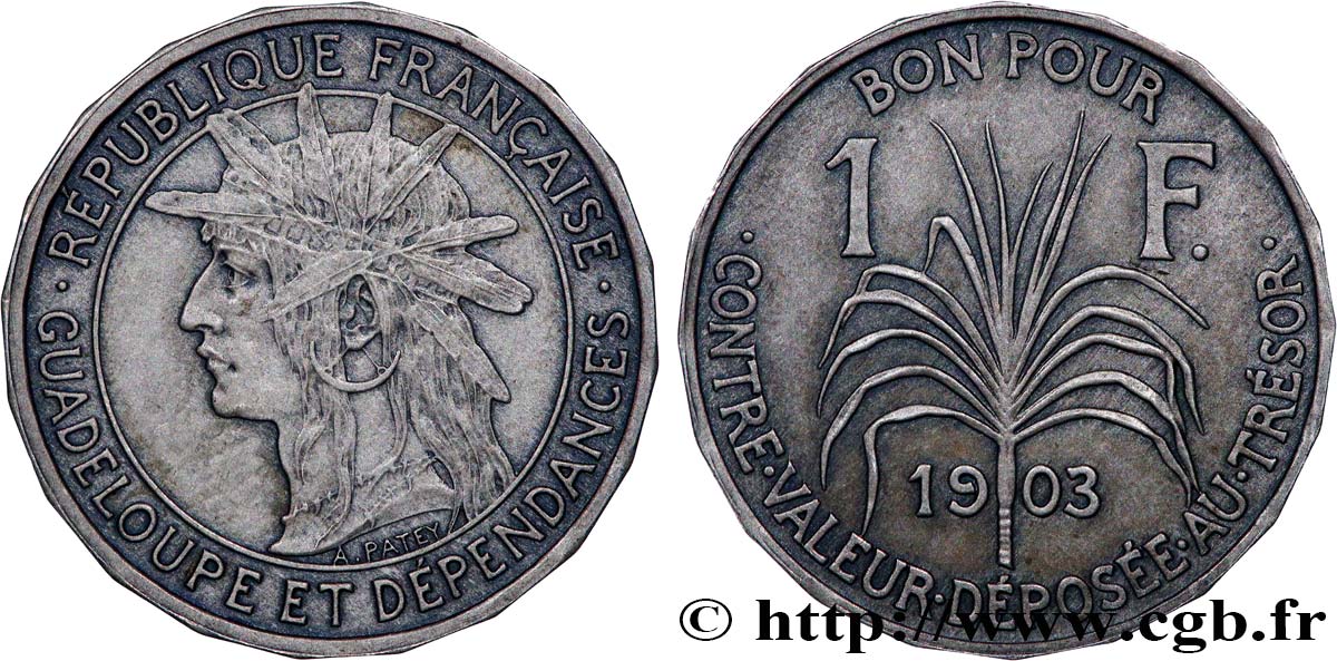 GUADALUPE Bon pour 1 Franc indien caraïbe / canne à sucre 1903  EBC 