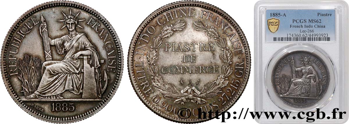 INDOCHINE FRANÇAISE 1 Piastre de Commerce 1885 Paris SUP62 PCGS
