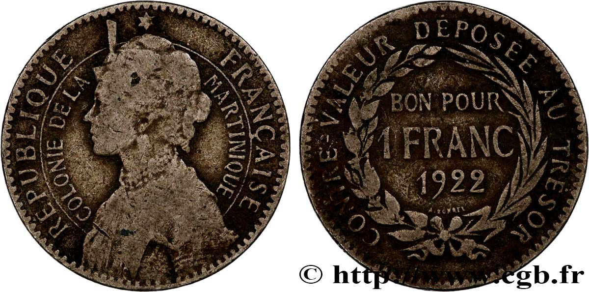 ÎLE DE LA MARTINIQUE Bon pour 1 Franc Colonie de la Martinique 1922 sans atelier TB 