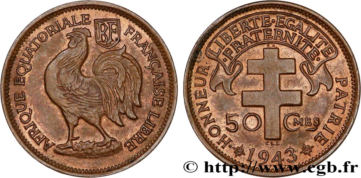 AFRICA EQUATORIALE FRANCESE - Forze Francesi Liberi 50 Centimes 1943 Prétoria q.SPL 