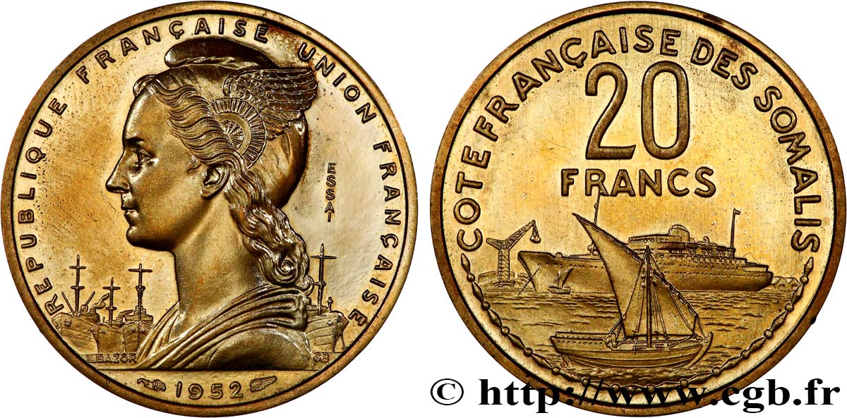 CÔTE FRANÇAISE DES SOMALIS Essai Piefort de 20 Francs 1952 Paris SPL 