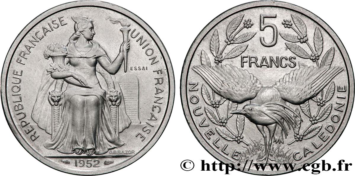 NUOVA CALEDONIA Essai Piefort de 5 Francs 1952 Paris MS 