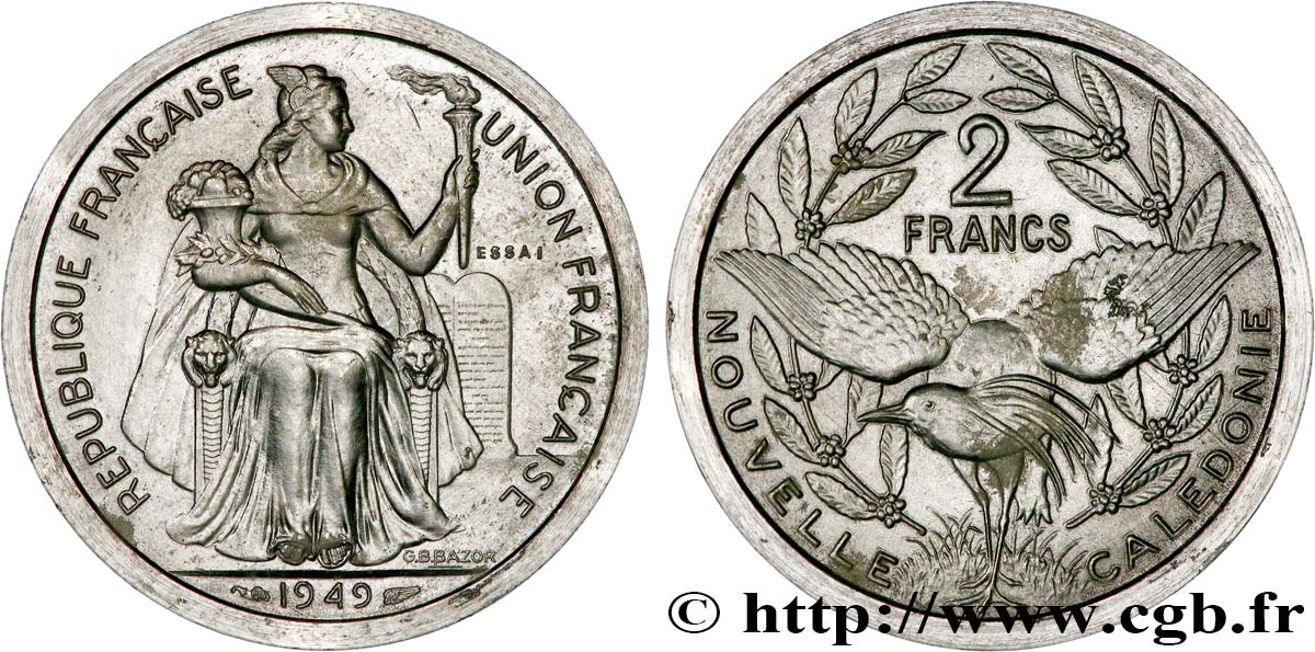 NOUVELLE CALÉDONIE Essai Piefort de 2 Francs en aluminium 1949 Paris SUP 