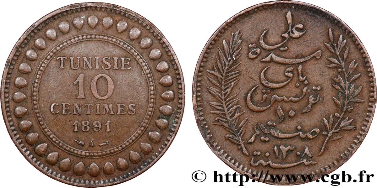 TUNISIA - French protectorate 10 Centimes AH1308 1891 Paris XF 