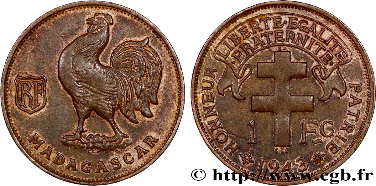 MADAGASCAR - Free French Forces 1 Franc 1943 Prétoria XF 