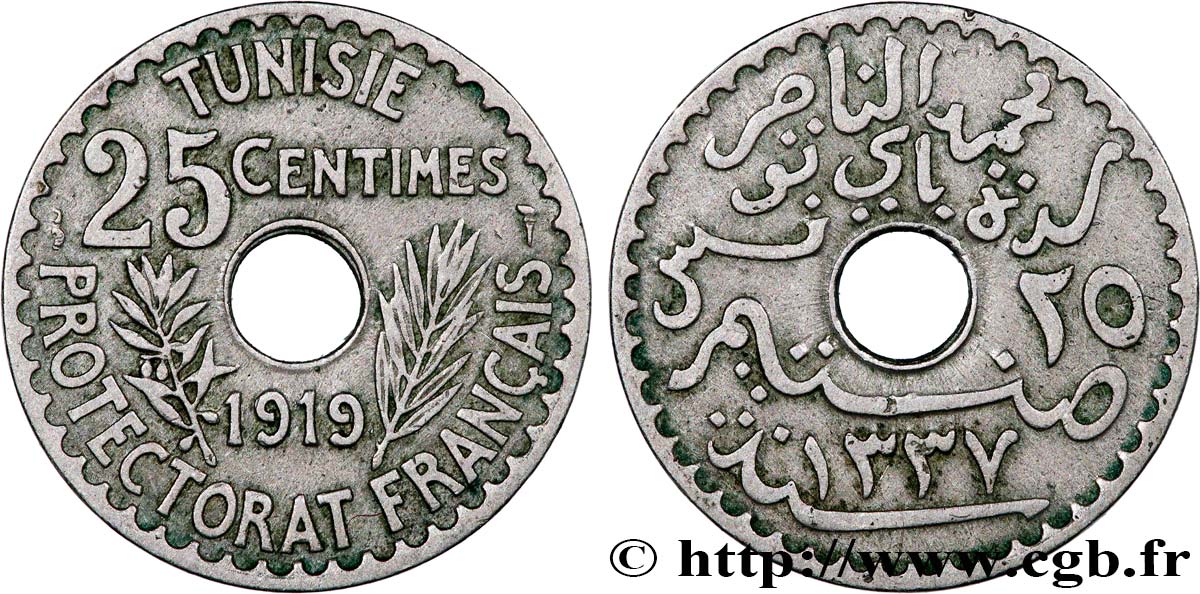 TUNESIEN - Französische Protektorate  25 Centimes AH1337 1919 Paris SS 