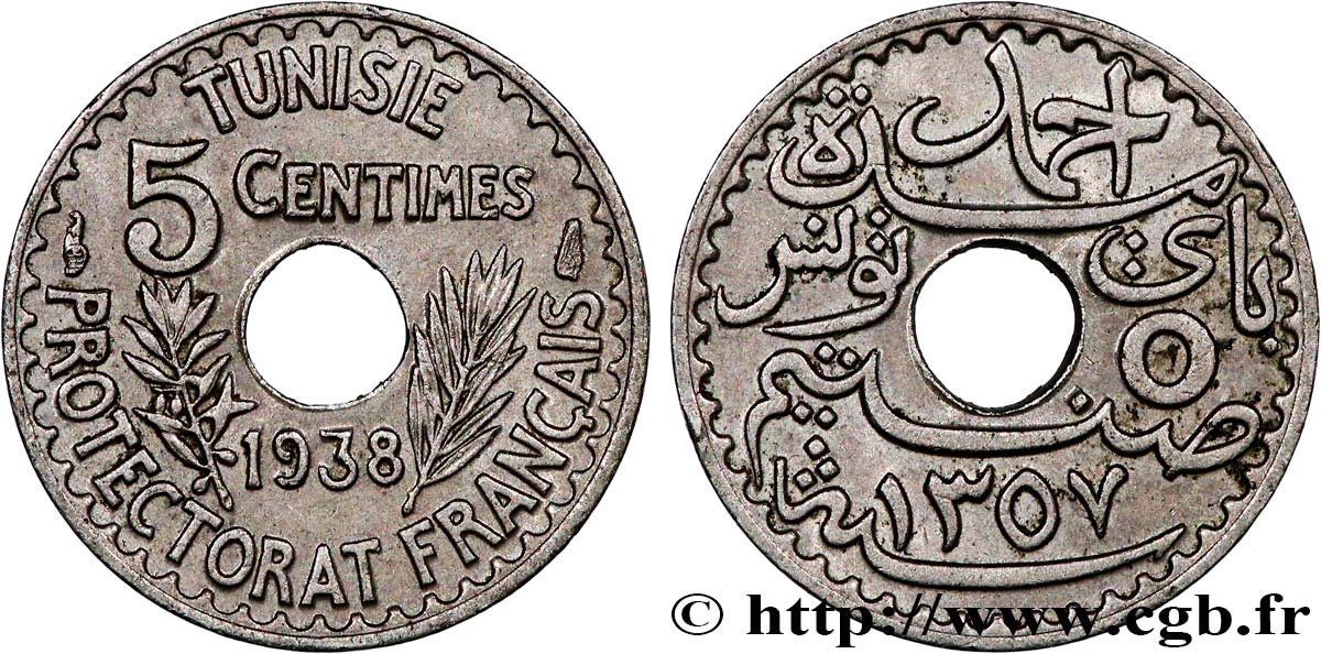 TUNISIE - PROTECTORAT FRANÇAIS 5 Centimes AH 1357 1938 Paris SUP 