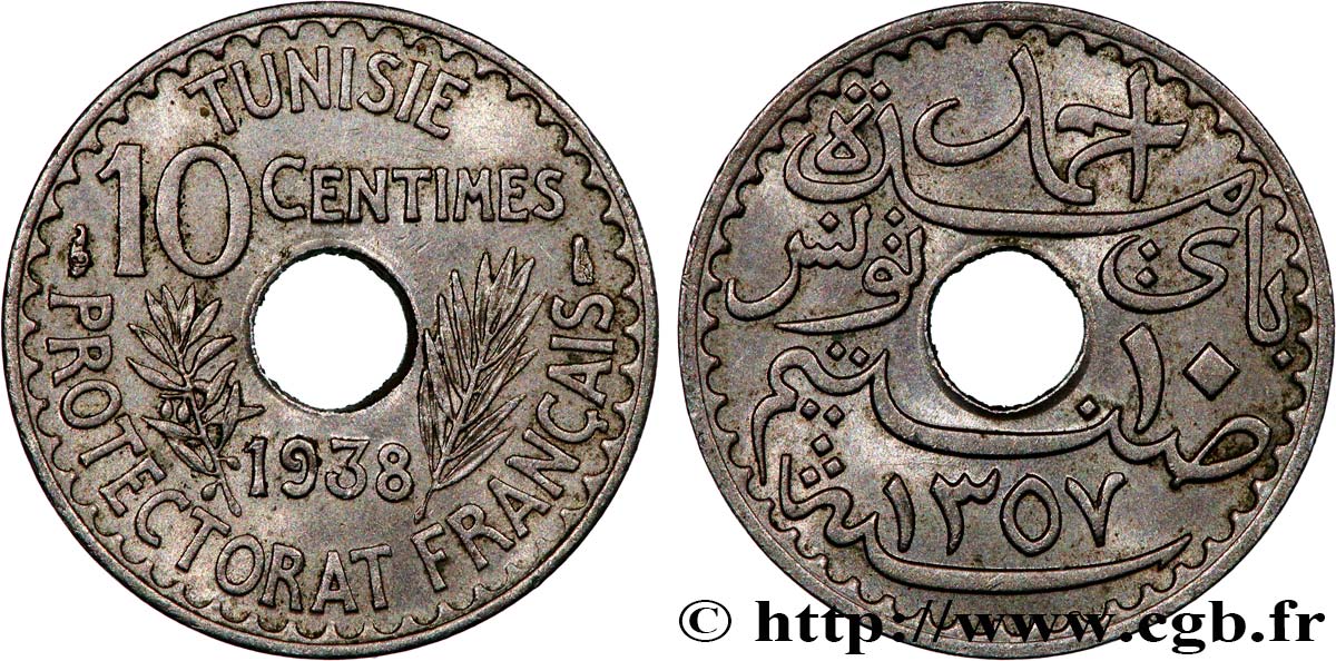 TUNISIA - French protectorate 10 Centimes AH1358 1938 Paris AU 