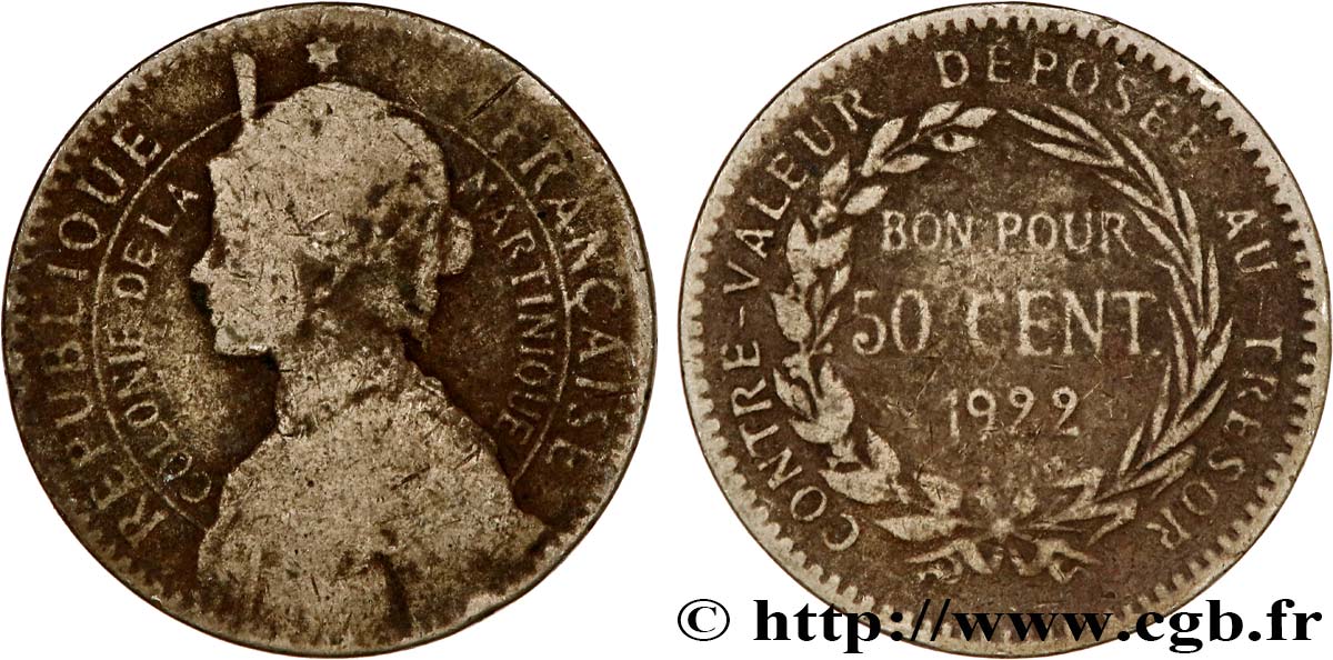 ÎLE DE LA MARTINIQUE Bon pour 50 Centimes Colonie de la Martinique 1922 sans atelier B+ 