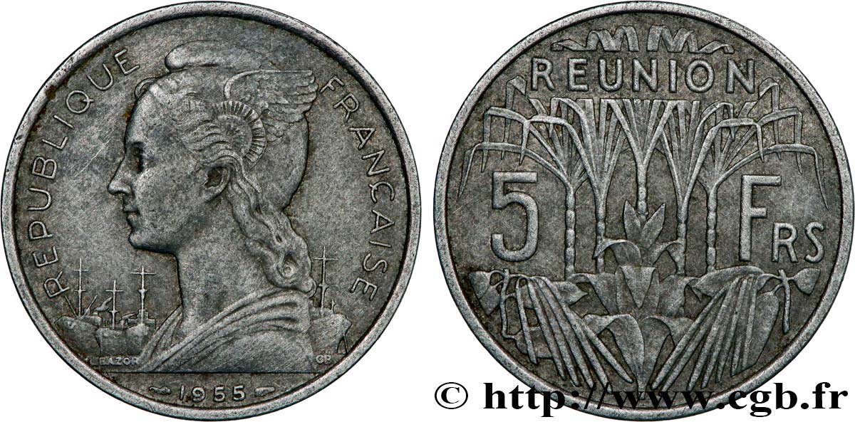ISLA DE LA REUNIóN 5 Francs 1955 Paris MBC 