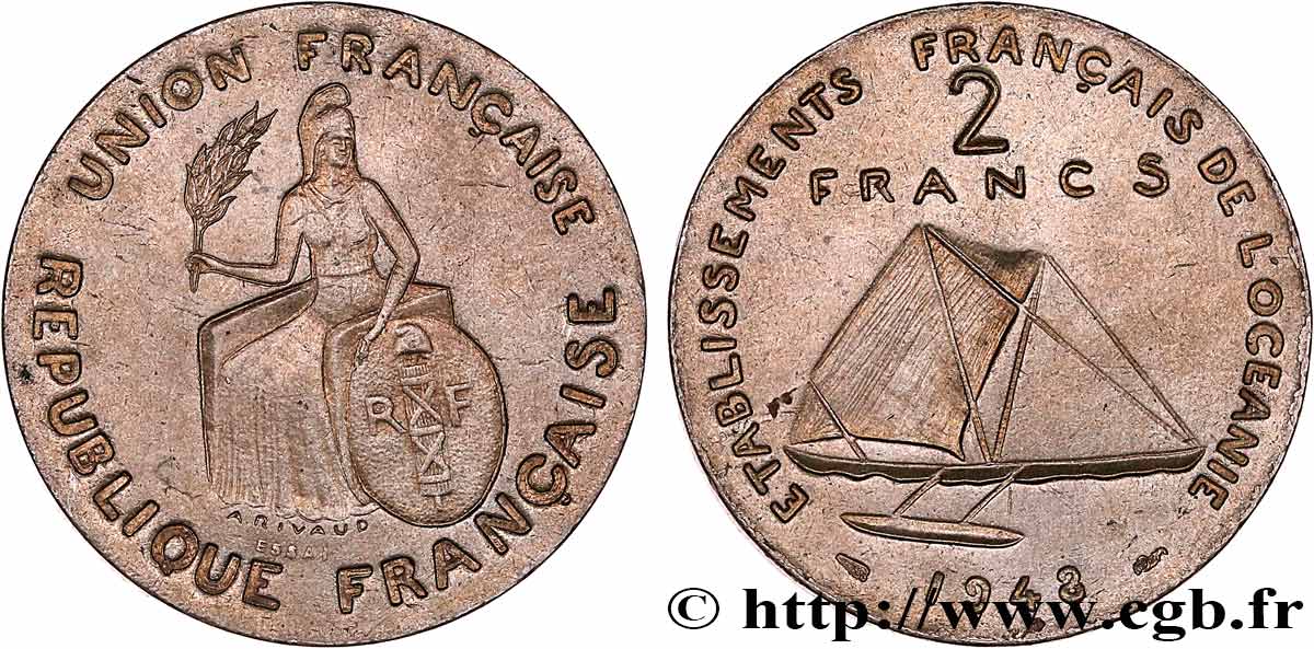 POLYNÉSIE FRANÇAISE - Océanie française Essai de 2 Francs type sans listel 1948 Paris SPL 