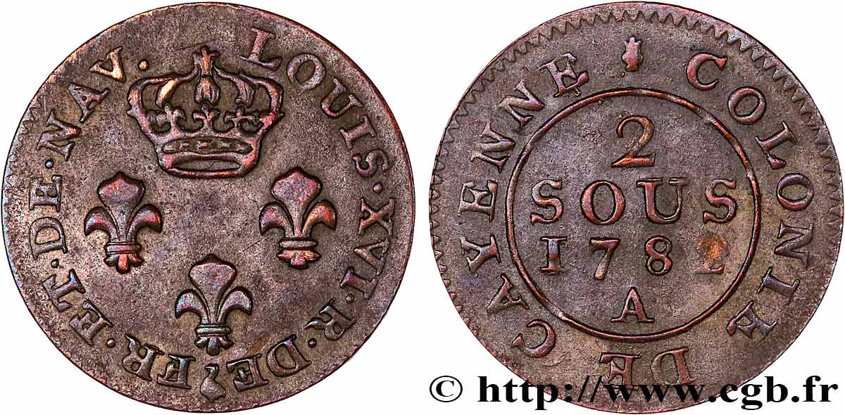 FRENCH GUIANA 2 Sous colonies de Cayenne 3e type 1782 Paris - A XF 