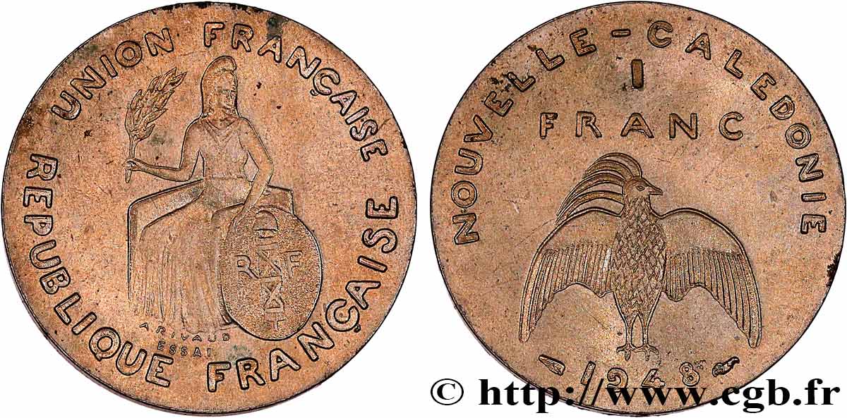 NOUVELLE CALÉDONIE Essai de 1 Franc sans listel 1948 Paris SPL 