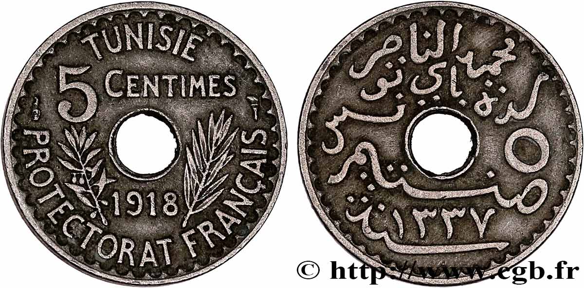 TUNISIE - PROTECTORAT FRANÇAIS 5 Centimes AH 1337 1918 Paris TTB+ 