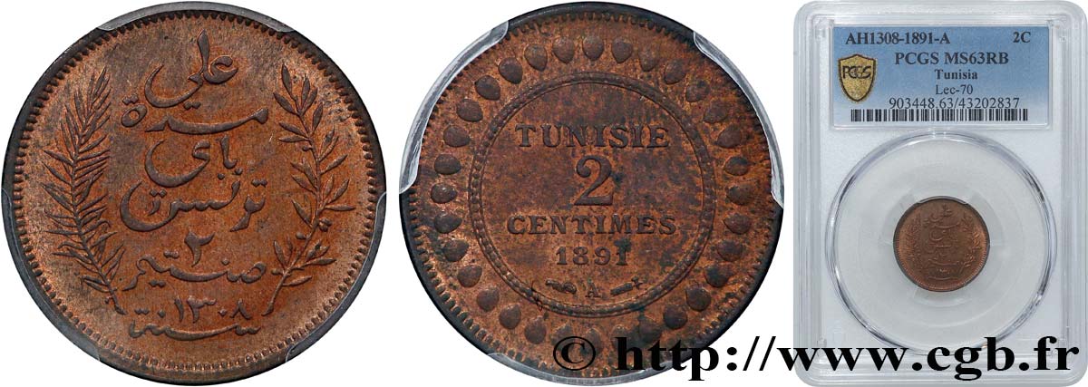 TUNISIA - Protettorato Francese 2 Centimes AH1308 1891  MS63 PCGS