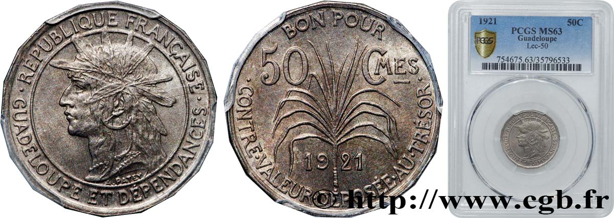 GUADELOUPE Bon pour 50 Centimes indien caraïbe 1921  MS63 PCGS