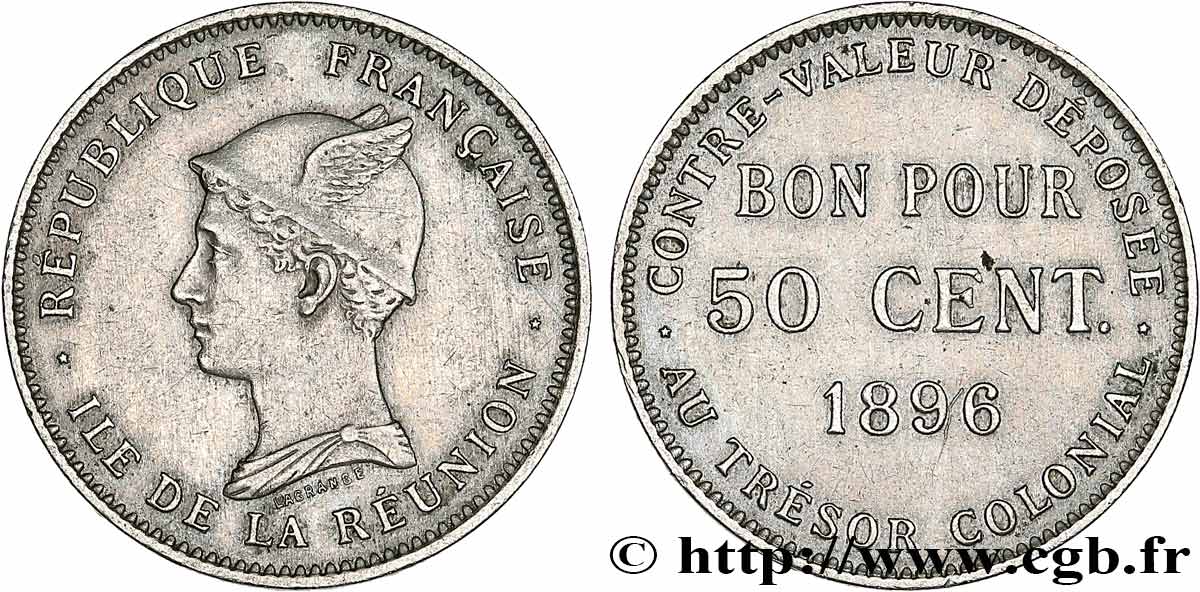 ÎLE DE LA RÉUNION - Troisième République 50 Centimes 1896 sans atelier TTB+ 
