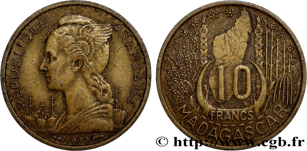MADAGASCAR French Union 10 Francs 1953 Paris XF 