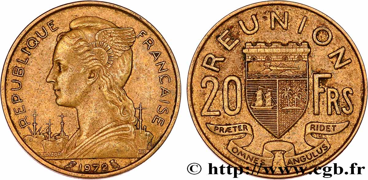 REUNION ISLAND 20 Francs 1972 Paris AU 