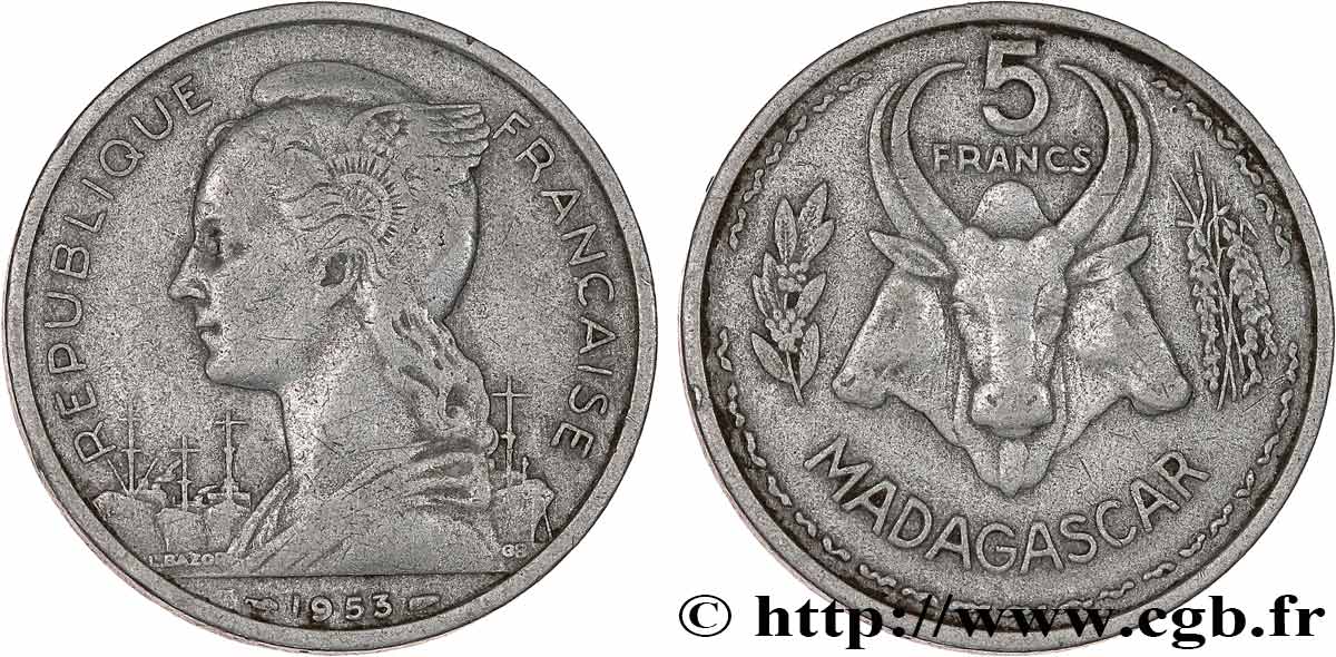 MADAGASCAR - UNION FRANCESE 5 Francs 1953 Paris BB 