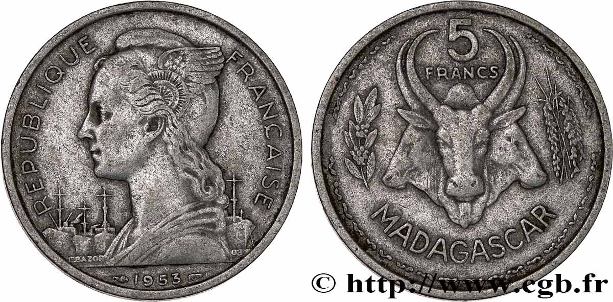 MADAGASCAR French Union 5 Francs 1953 Paris XF 