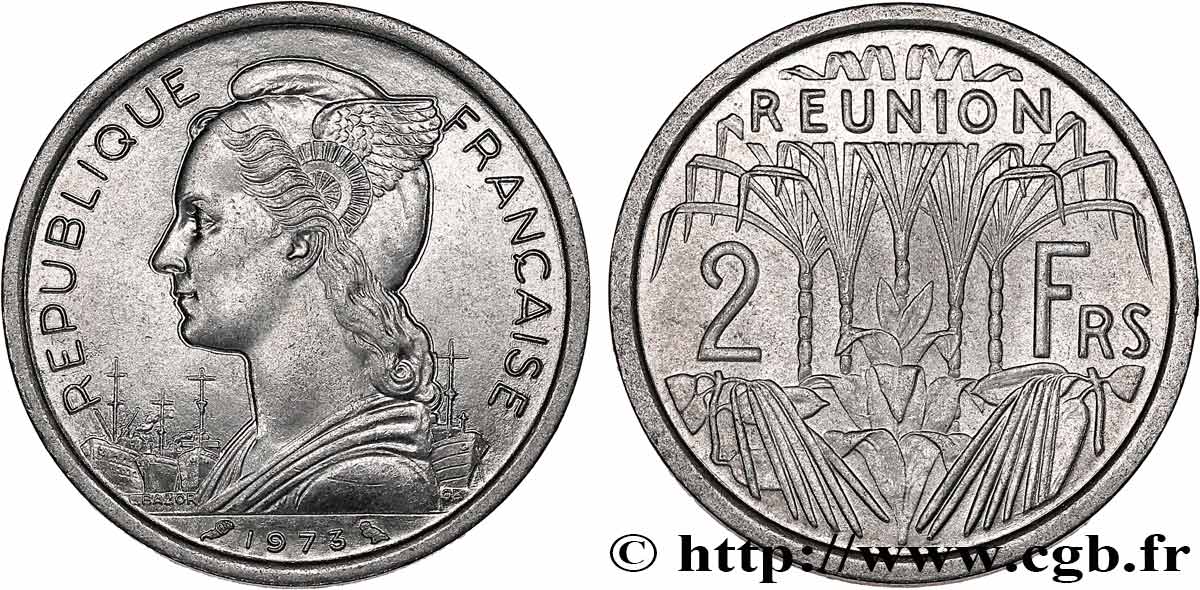 REUNION INSEL 2 Francs Marianne / canne à sucre 1973 Paris fST 