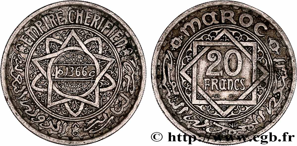 MAROC - PROTECTORAT FRANÇAIS 20 Francs AH 1366 1947 Paris TTB 