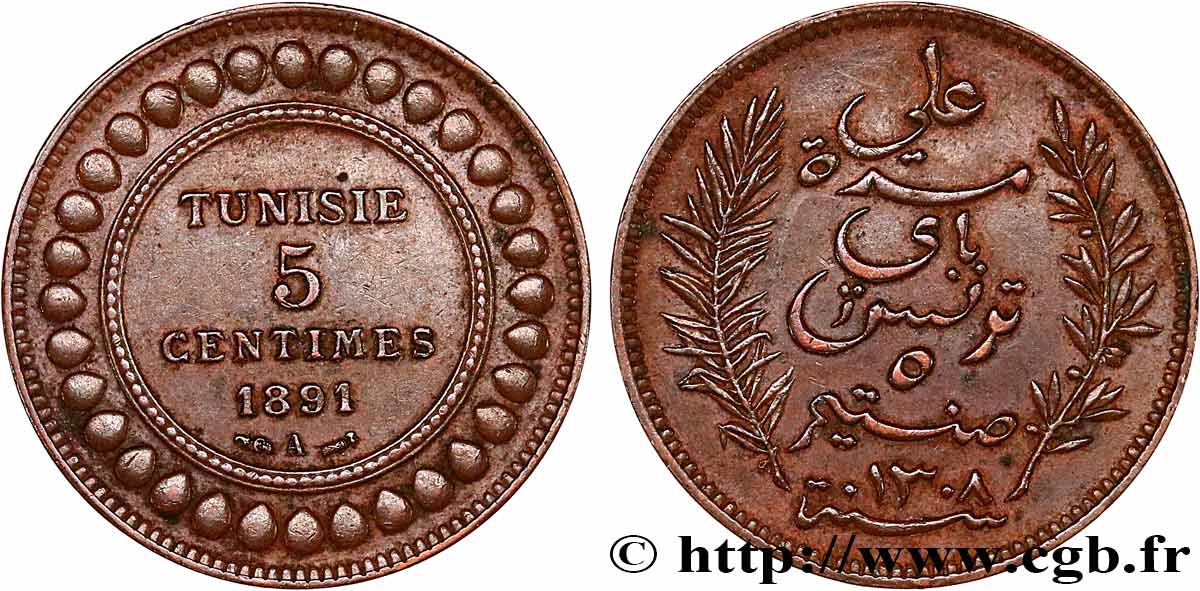 TUNISIE - PROTECTORAT FRANÇAIS 5 Centimes AH 1308 1891 Paris TTB+ 