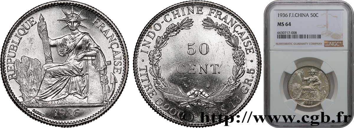 FRENCH INDOCHINA 50 Centièmes 1936 Paris MS64 NGC