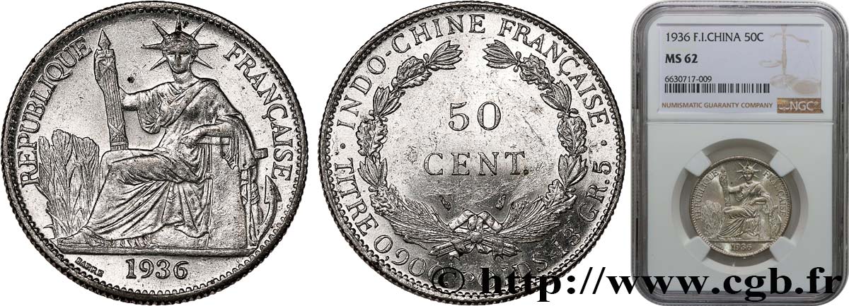 INDOCHINE FRANÇAISE 50 Centièmes 1936 Paris SUP62 NGC
