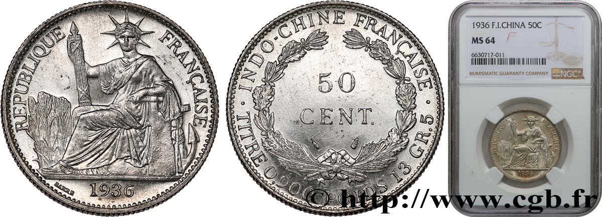 INDOCHINE FRANÇAISE 50 Centièmes 1936 Paris SPL64 NGC