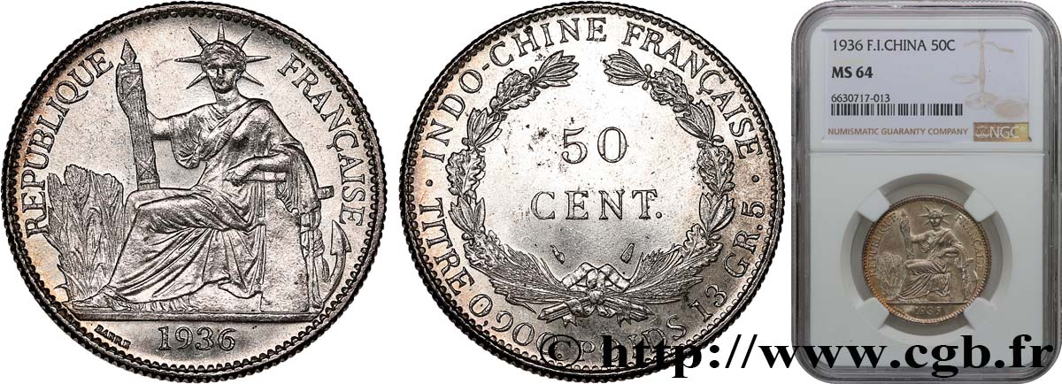 FRENCH INDOCHINA 50 Centièmes 1936 Paris MS64 NGC