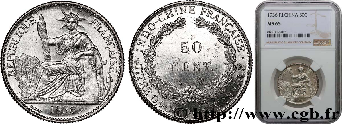 FRENCH INDOCHINA 50 Centièmes 1936 Paris MS65 NGC