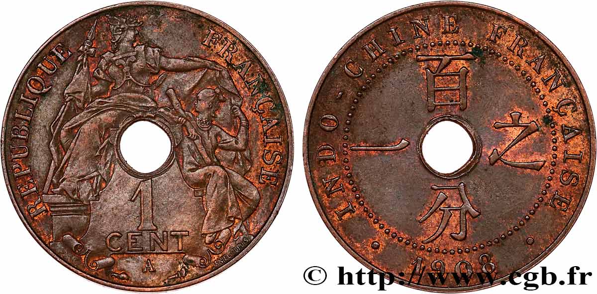 INDOCHINE FRANÇAISE 1 Centième 1908 Paris TTB+ 