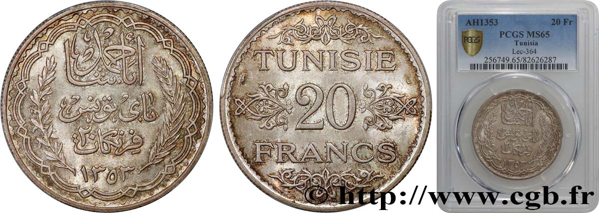 TUNISIE - PROTECTORAT FRANÇAIS 20 Francs au nom du  Bey Ahmed an 1353 1934 Paris FDC65 PCGS