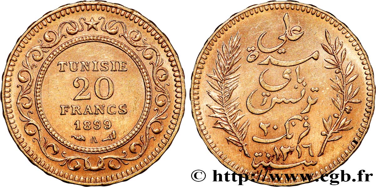 INVESTMENT GOLD 20 Francs or Bey Ali AH 1317 1899 Paris MBC+ 