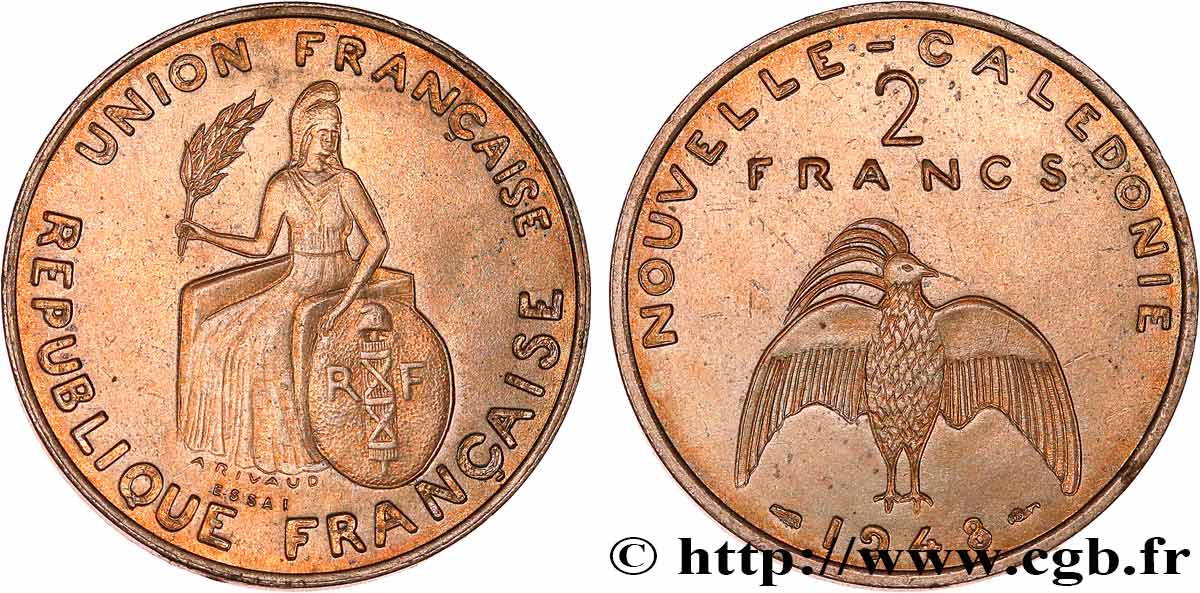 NOUVELLE CALÉDONIE Essai de 2 Francs avec listel en relief 1948 Paris SPL 