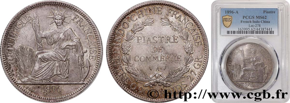 INDOCHINA 1 Piastre de Commerce 1896 Paris EBC62 PCGS