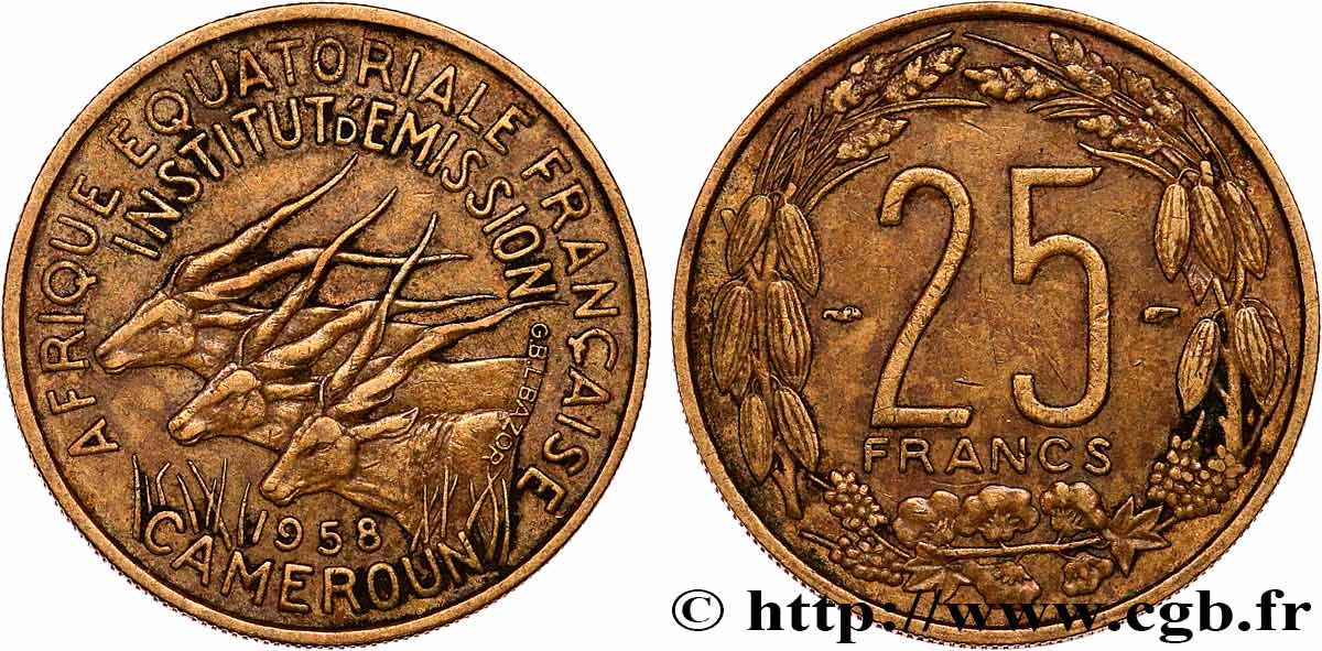 FRANZÖSISCHE EQUATORIAL AFRICA - KAMERUN 25 Francs antilopes 1958 Paris SS 