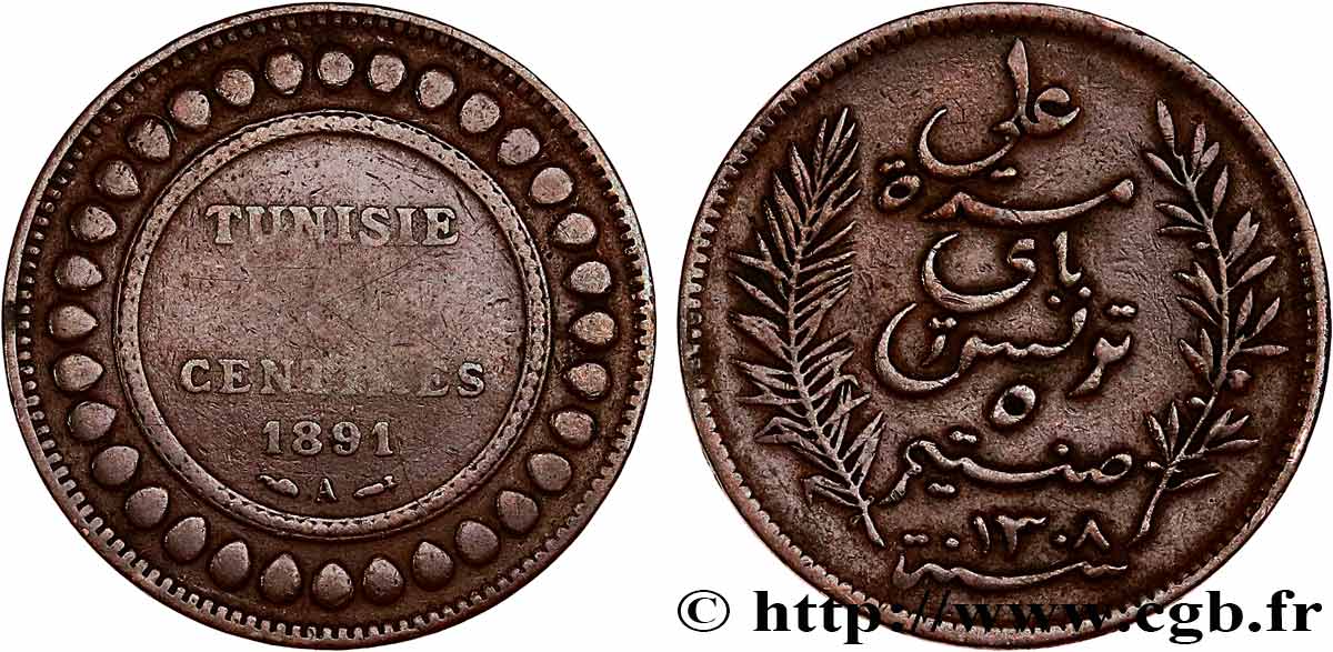 TUNESIEN - Französische Protektorate  5 Centimes AH1308 1891  fS 